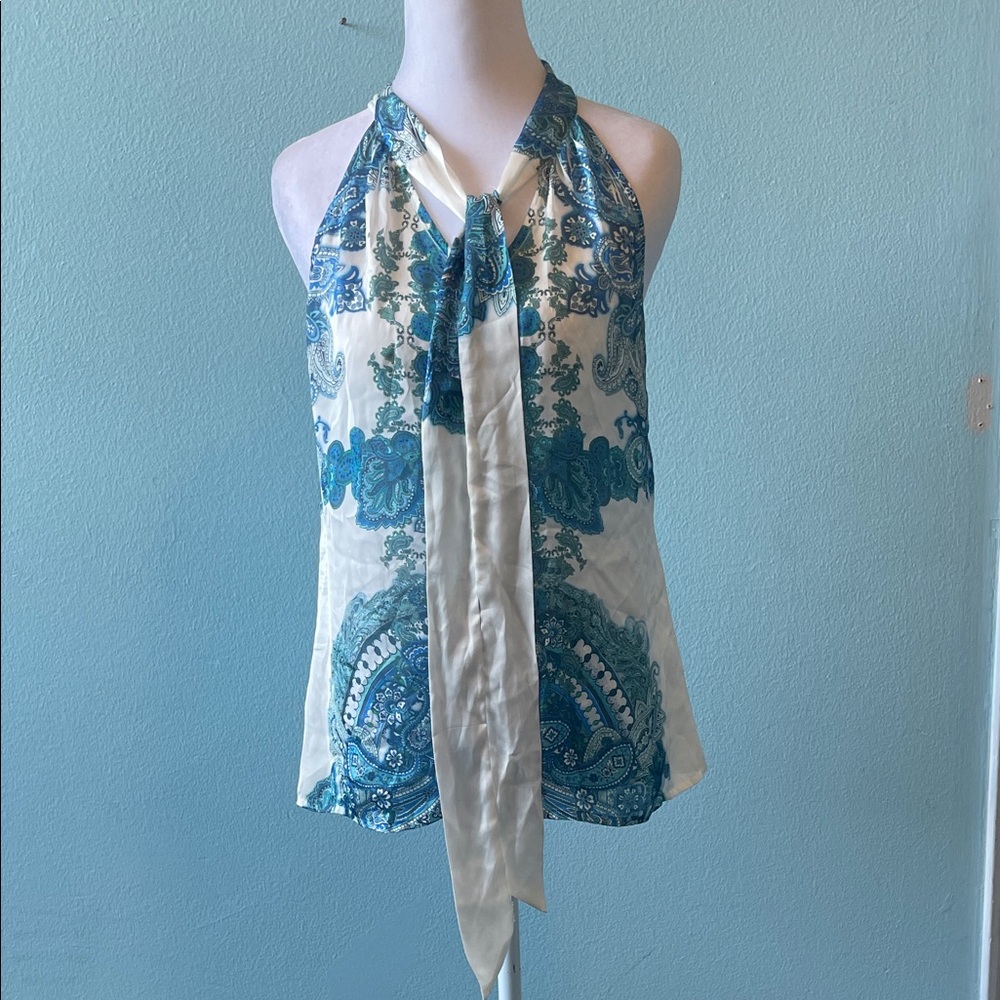 Silk-Blend Cream and Teal Halter Tie Neck Top